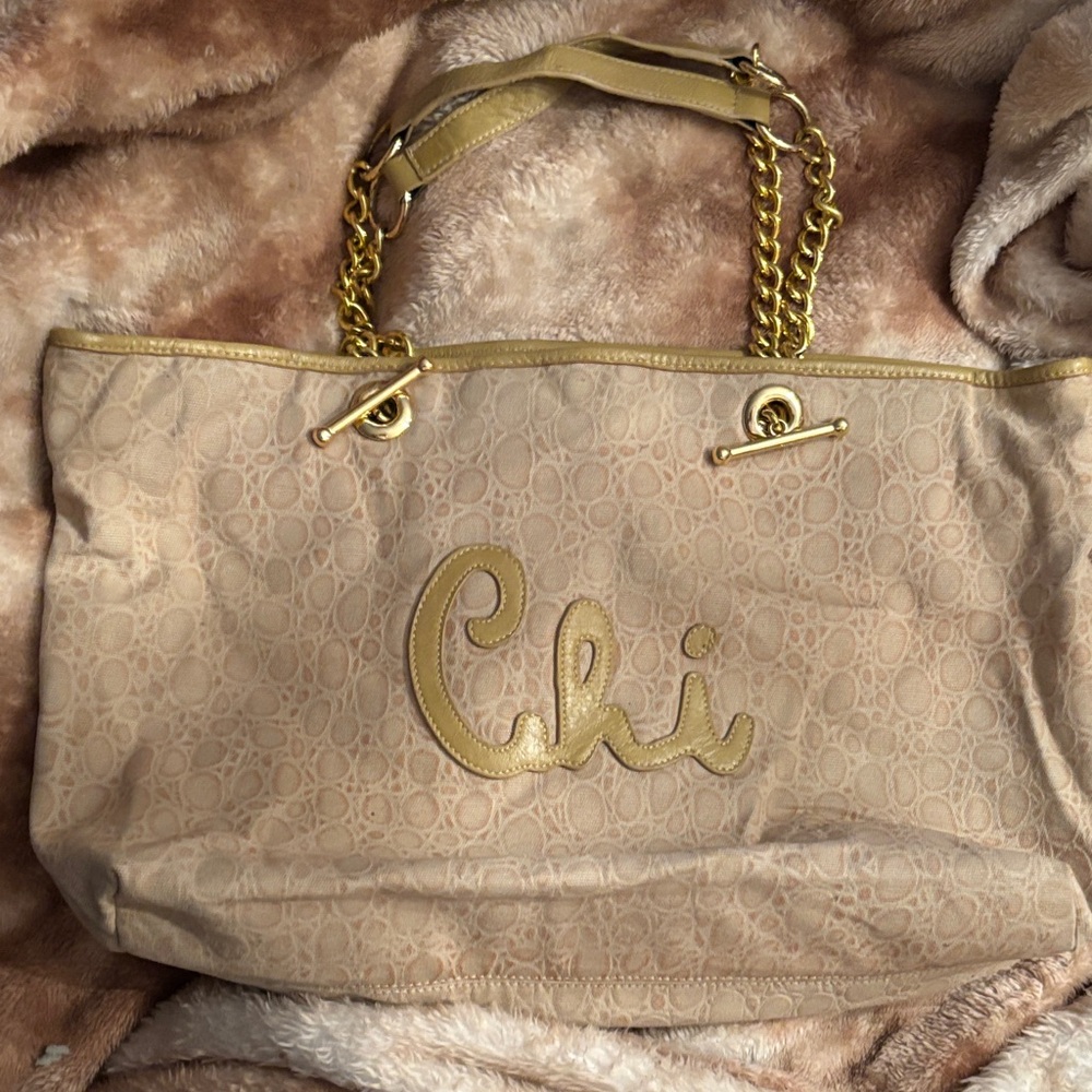 Chi by Carlo Falchi Beige Tote Bag with Gold Chain Handles